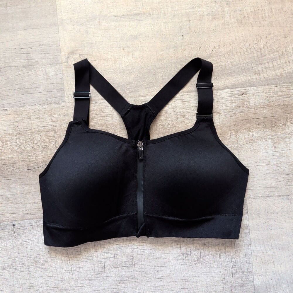 Victoria's Secret Sports Bra 34B Black Padded Lightly Lined Underwire Zip Front